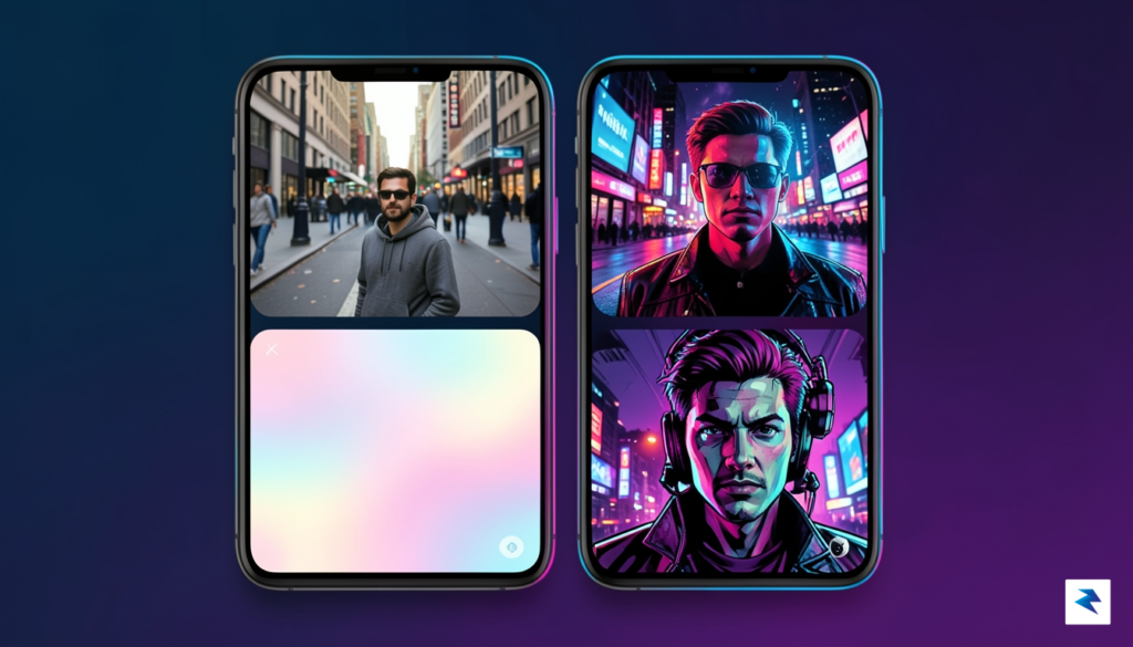 A sleek, modern smartphone interface displaying a split-screen effect where&hellip;