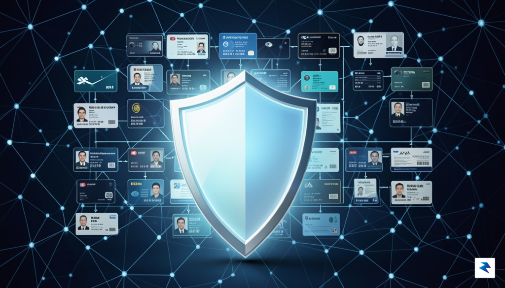 A digital security concept showing a glowing shield protecting a…