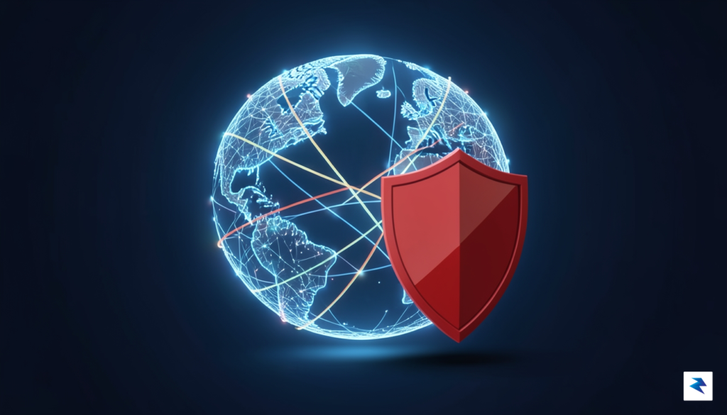 A digital security concept graphic showing a stylized, glowing globe…
