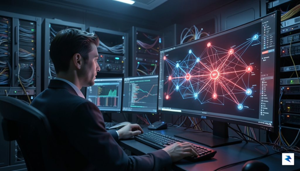 A conceptual illustration of a digital supply chain network showing…