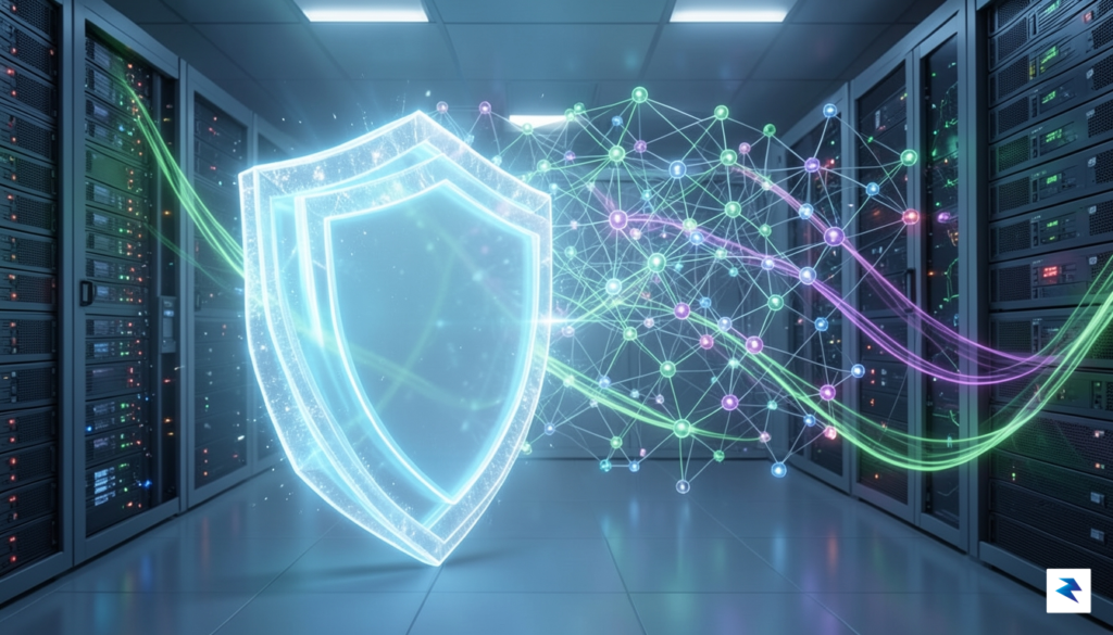 A digital security visualization showing a glowing, multi-layered shield protecting…