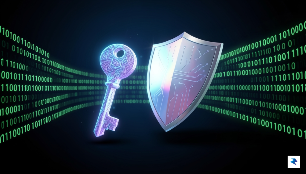 A conceptual digital illustration showing a glowing, abstract cryptographic key&hellip;