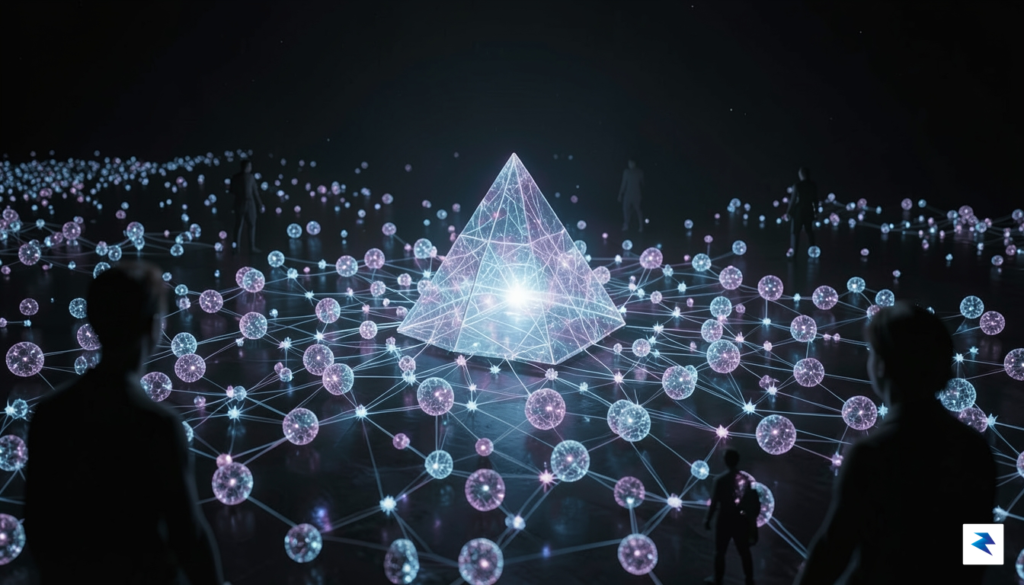 A conceptual digital art piece showing a sprawling, glowing network&hellip;