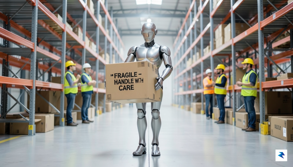 A sleek, bipedal humanoid robot navigating a structured, brightly lit…