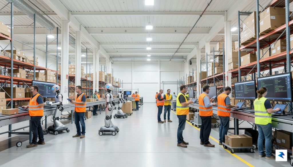 A modern, brightly lit warehouse interior where human workers in…