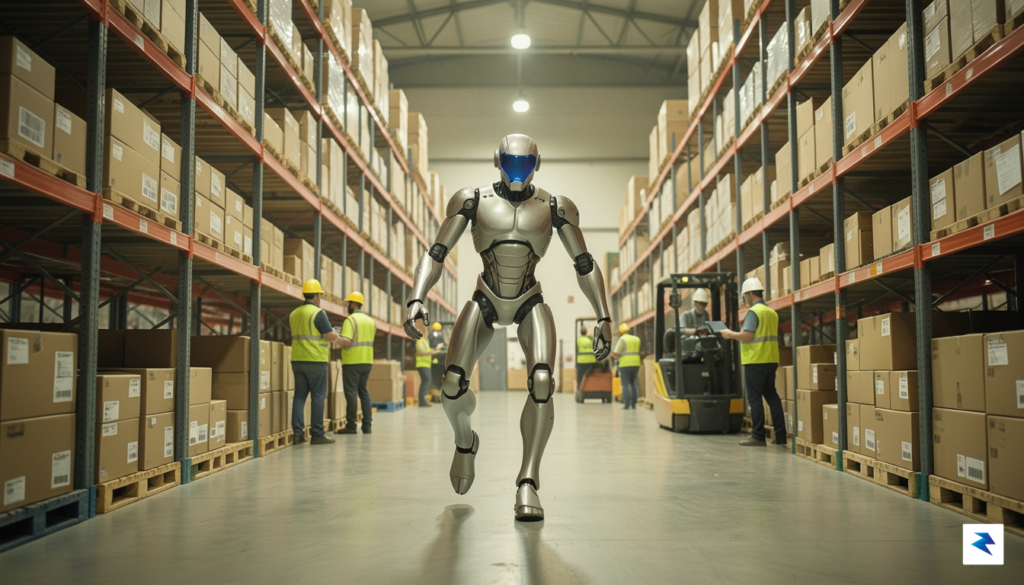 A wide-angle, cinematic shot of a sleek, bipedal Digit robot…