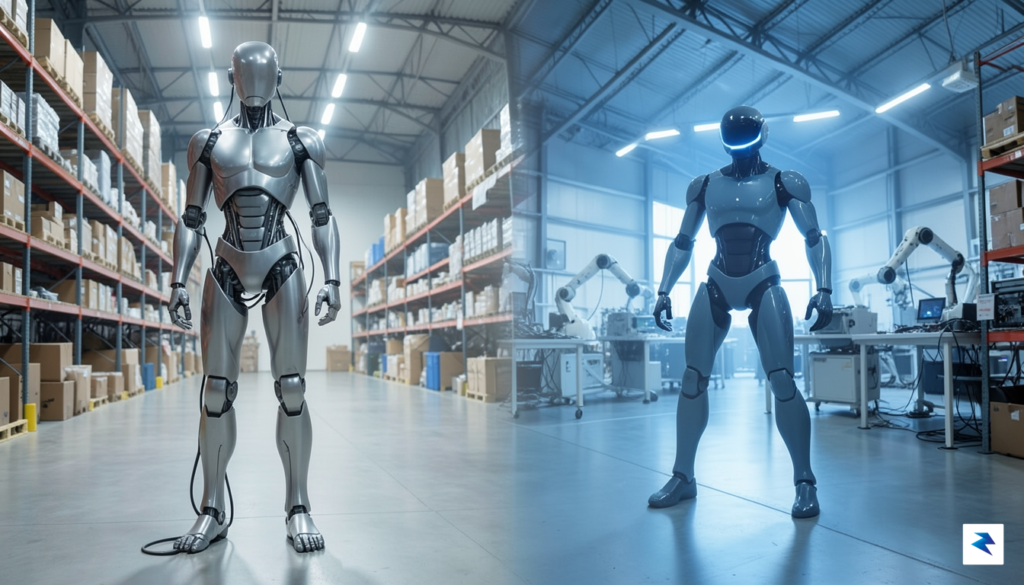 A sleek, metallic humanoid robot (Digit) standing in a brightly&hellip;