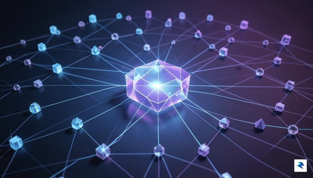 A digital visualization of a glowing, multifaceted AI node connected&hellip;