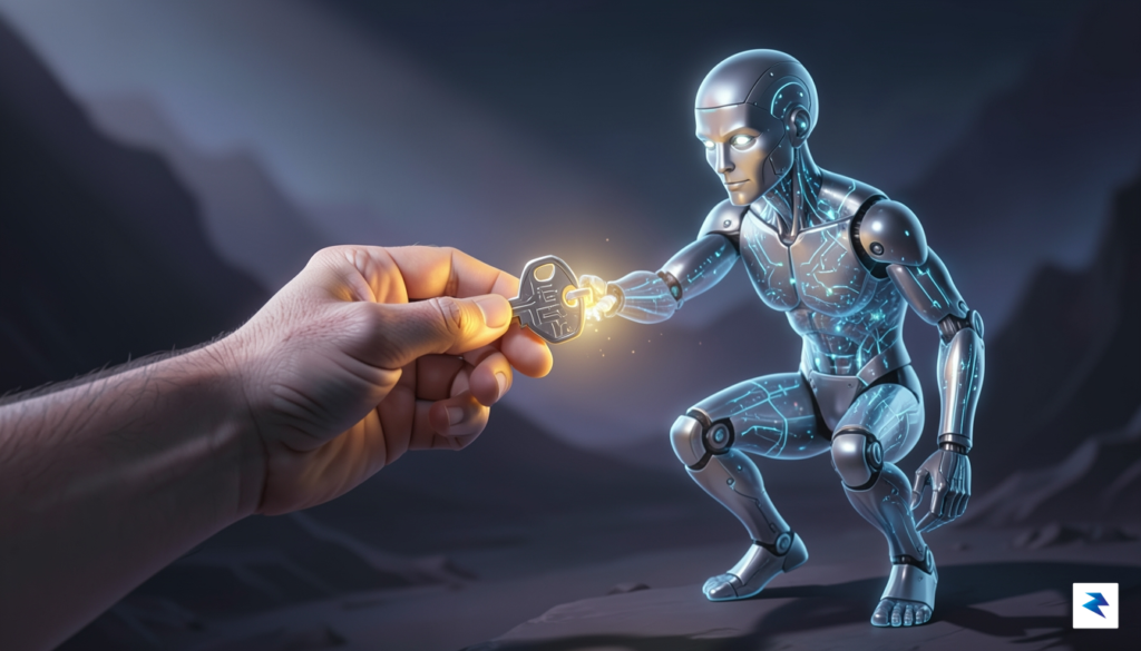 A conceptual digital illustration showing a human hand handing a&hellip;
