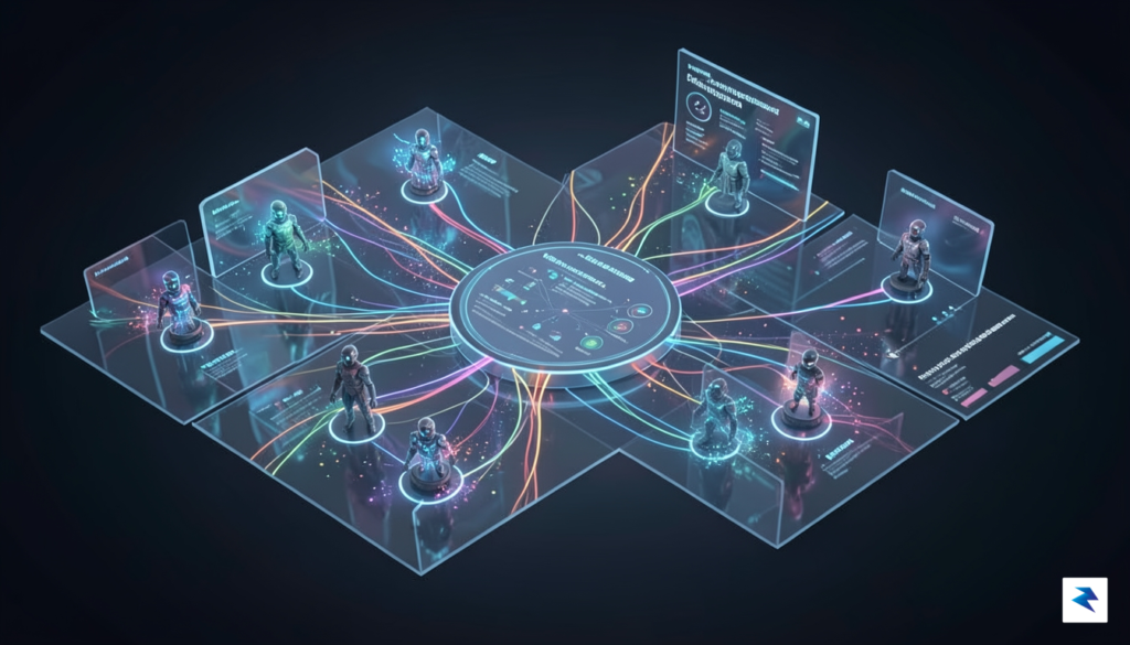 A conceptual digital illustration of a transparent, modular governance dashboard&hellip;