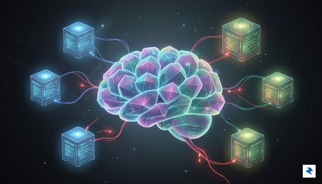 A conceptual digital illustration showing a glowing, multi-faceted AI brain&hellip;