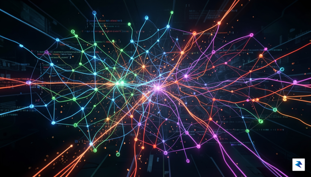 A stylized, abstract representation of a complex neural network rapidly…
