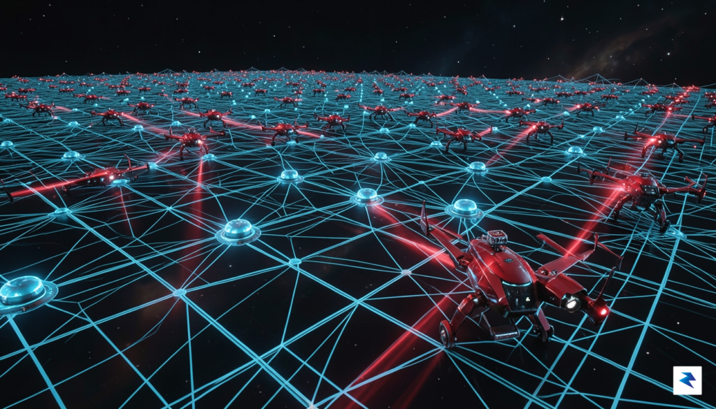A digital visualization of a glowing, interconnected network grid where…