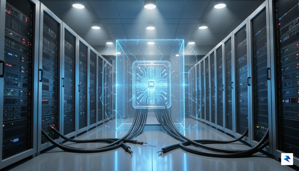 A high-tech laboratory server room with physical air-gap cables disconnected,…