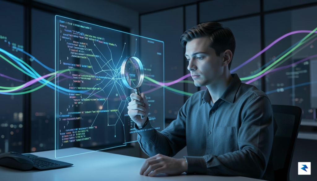 A conceptual illustration showing a software engineer sitting in front&hellip;