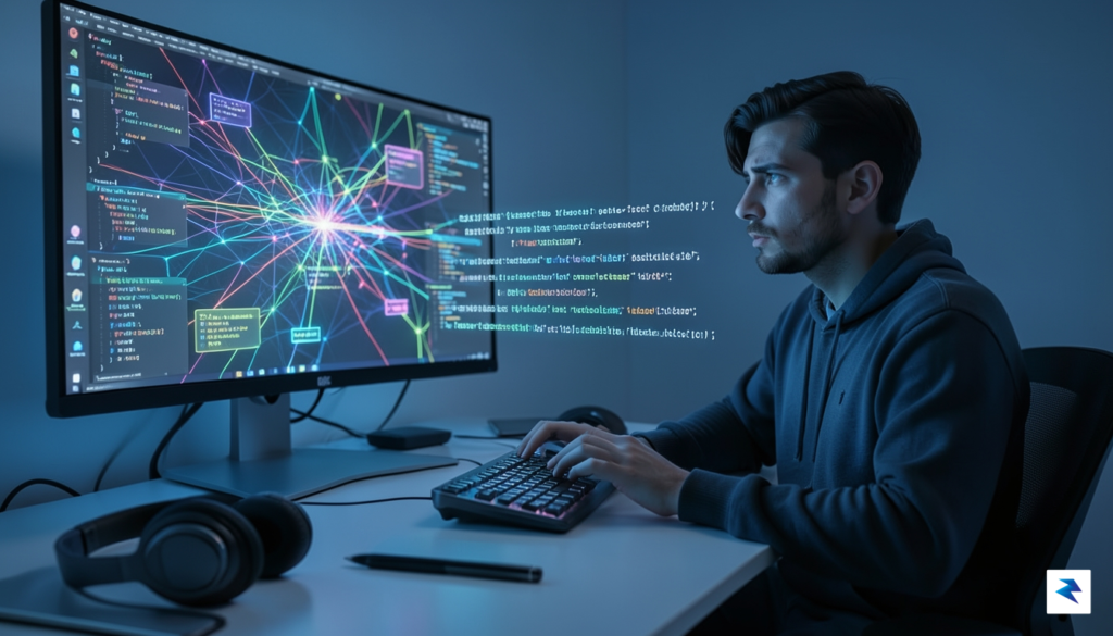 A modern digital workspace showing a glowing, messy web of&hellip;