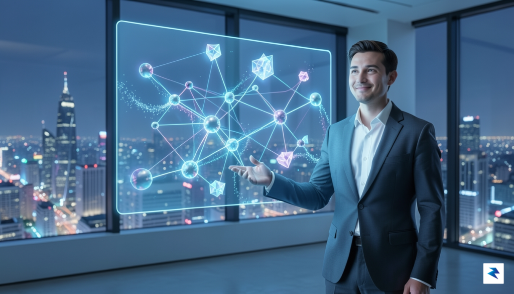 A modern software architect standing in front of a holographic&hellip;
