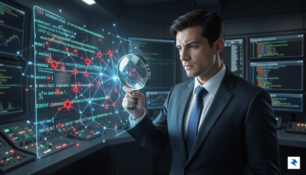 A digital illustration showing a human auditor looking at a…