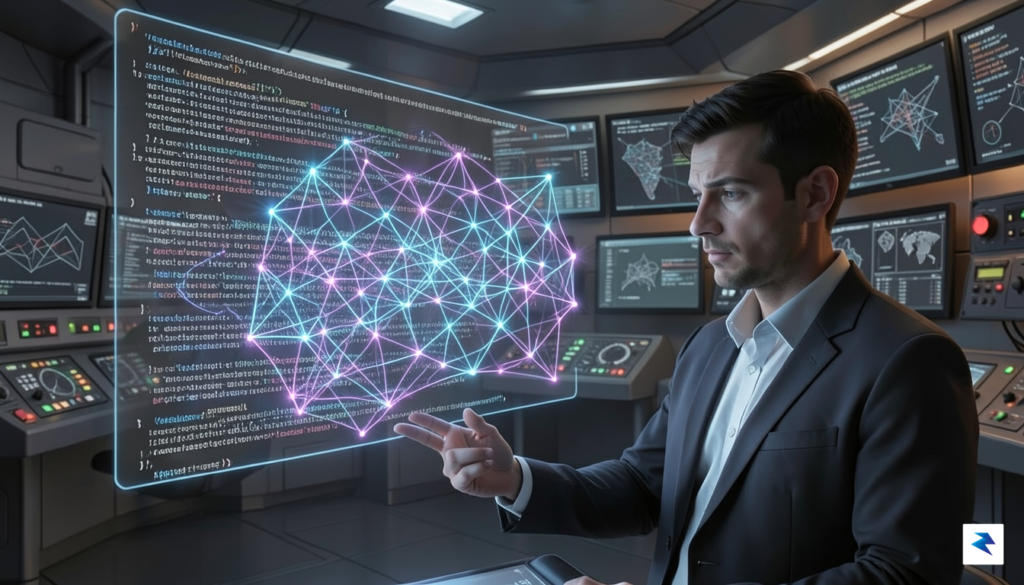 A digital illustration showing a glowing neural network mesh overlaying…
