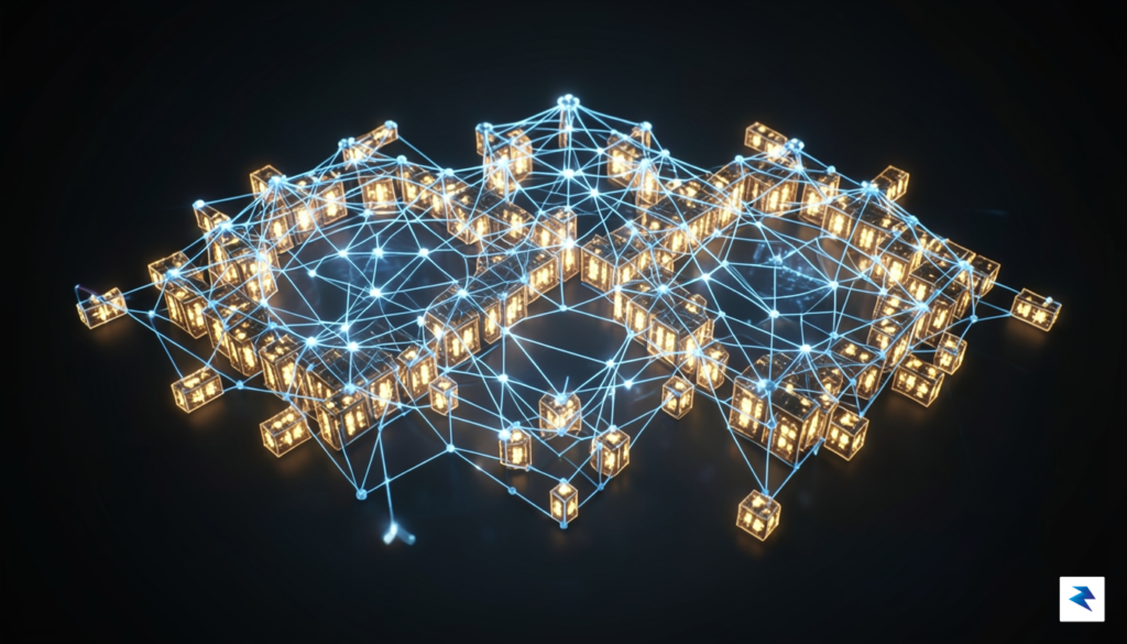 A digital visualization of a neural network overlaying a complex,…