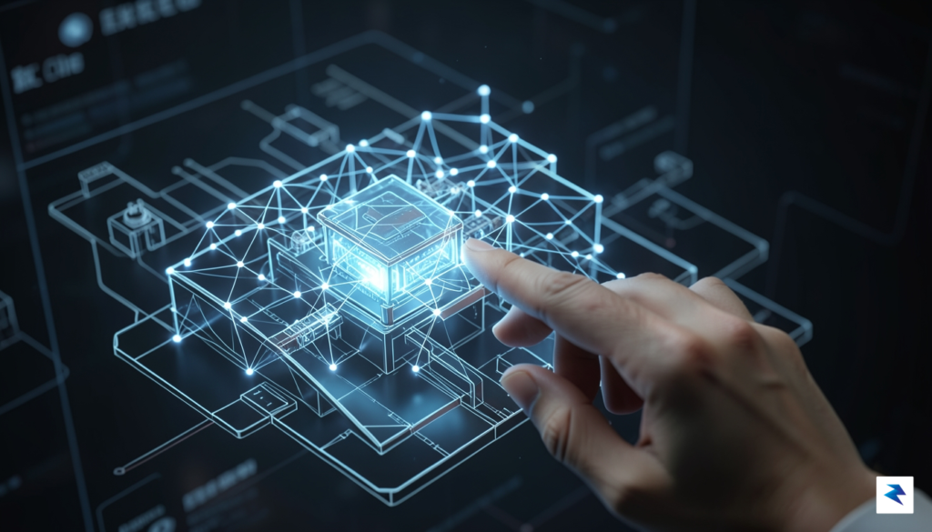 A digital illustration showing a glowing neural network mesh overlaying…