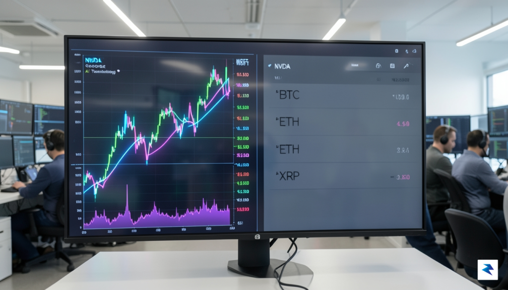 A sleek, professional visualization of a high-frequency trading floor screen&hellip;