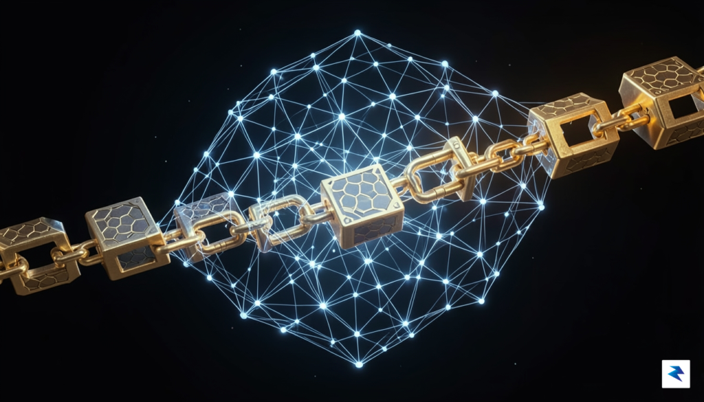 A conceptual digital illustration showing a glowing neural network mesh&hellip;