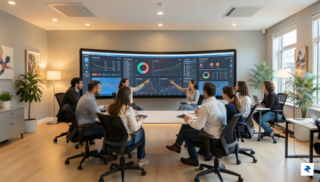 A diverse office setting where employees are collaborating around a…