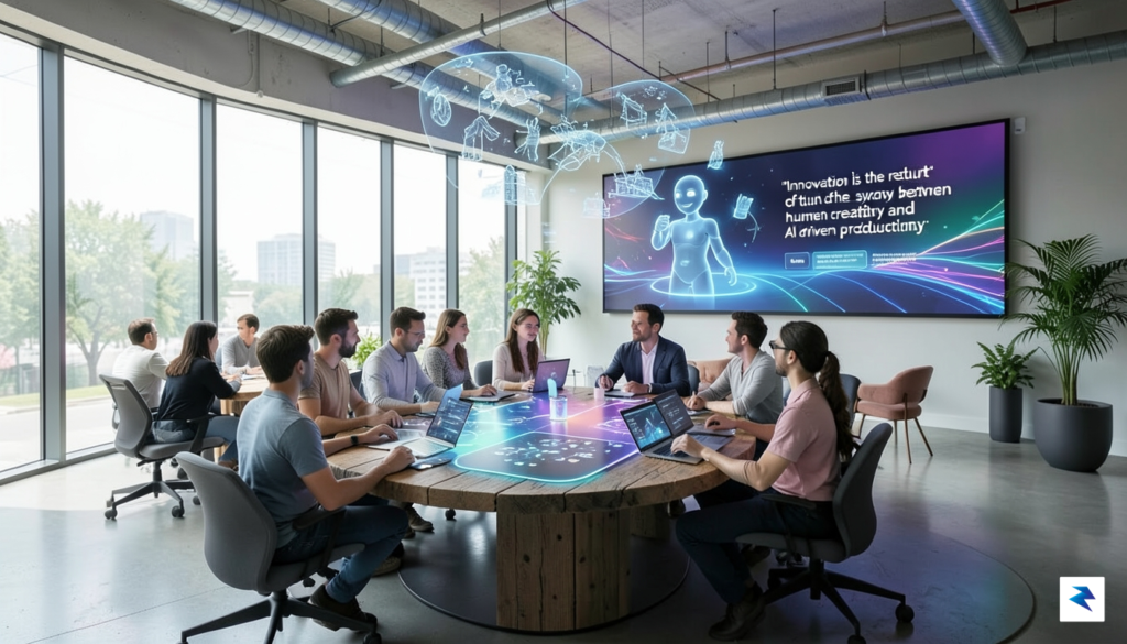 A modern, collaborative office space where employees are using advanced…