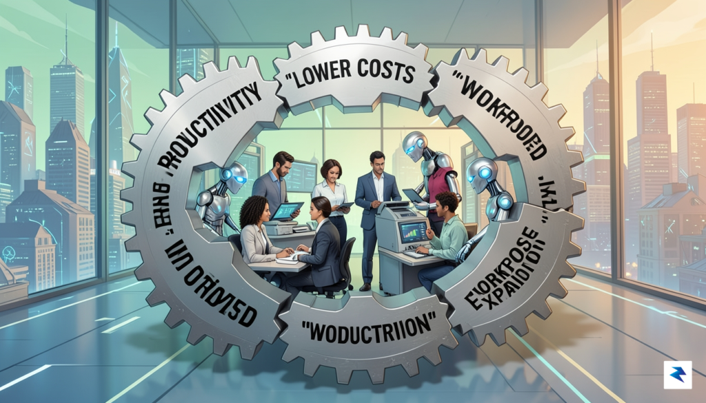 A conceptual digital illustration showing a cycle of gears labeled…