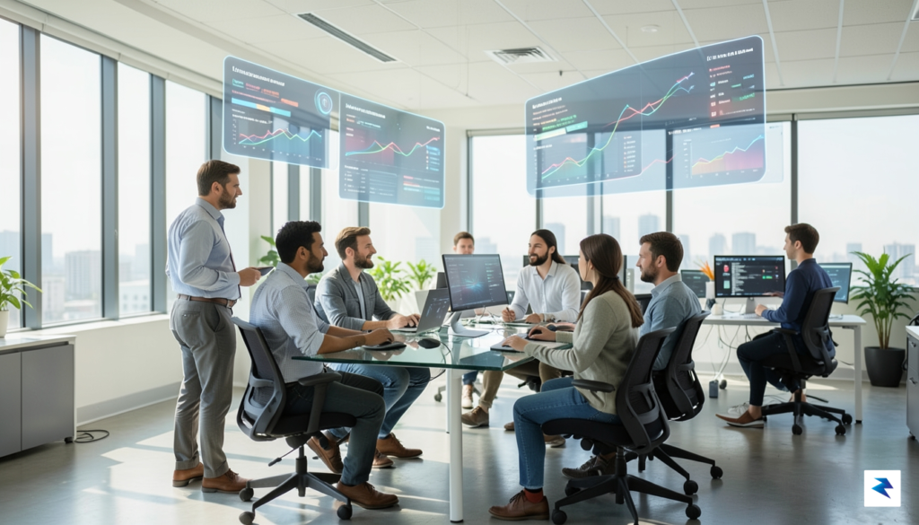 A modern, diverse IT team collaborating in a bright, collaborative…