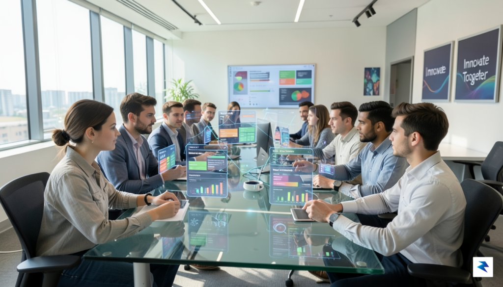 A diverse group of young professionals collaborating in a modern…