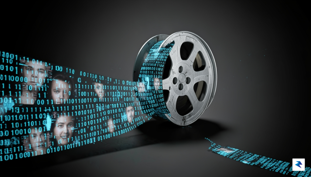 A conceptual digital art piece showing a film reel unraveling&hellip;
