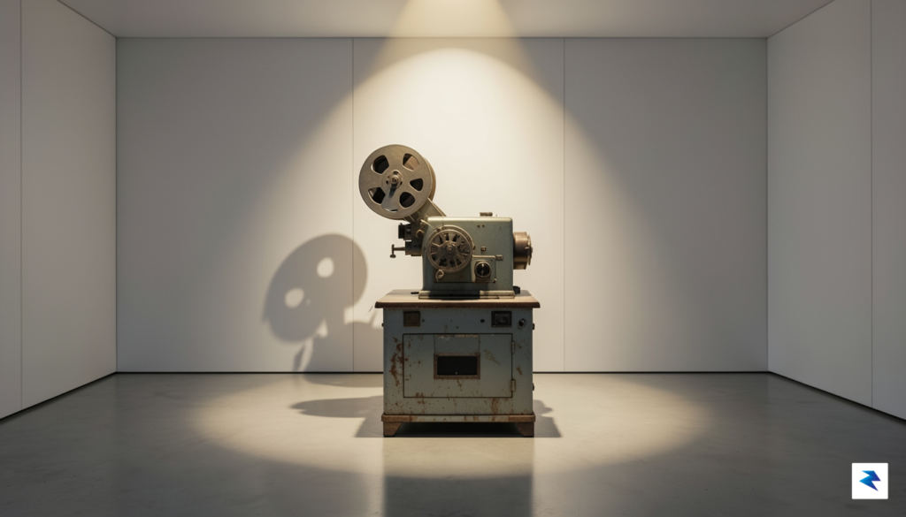 A cinematic shot of a vintage film projector in a&hellip;