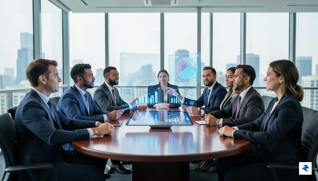 A professional, high-resolution photograph of a corporate boardroom featuring a…