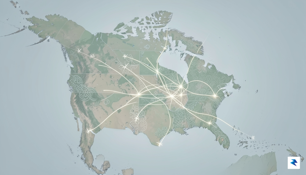 An abstract representation of global aviation routes converging on a…
