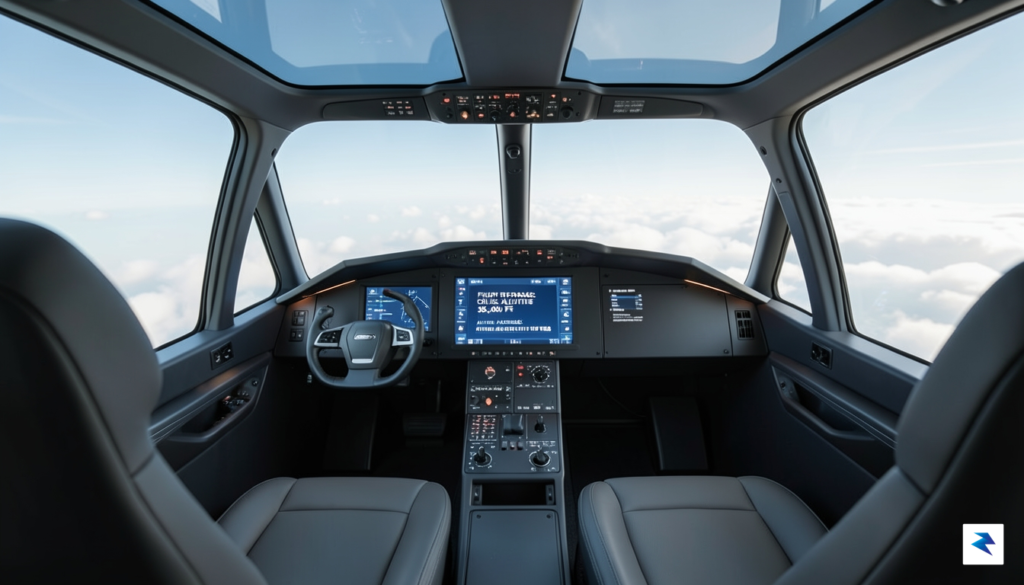 A modern, sleek airplane cockpit viewed from the cabin, with…