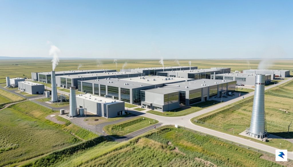 A wide-angle, professional photograph of a modern, expansive data center&hellip;