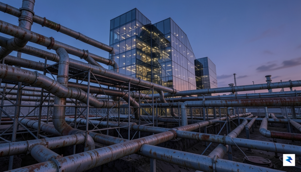 A wide-angle digital illustration showing a complex network of industrial&hellip;
