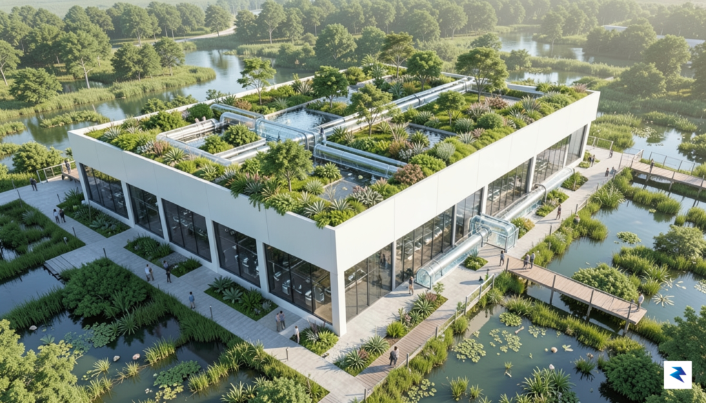 An aerial view of a modern, eco-friendly data center showing&hellip;