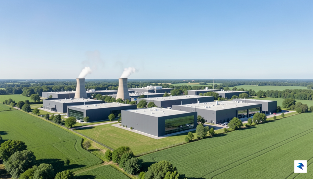 A wide-angle aerial view of a sprawling, modern industrial data&hellip;