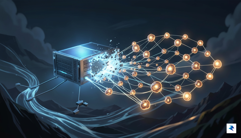 A conceptual digital illustration showing a transition from a centralized,&hellip;
