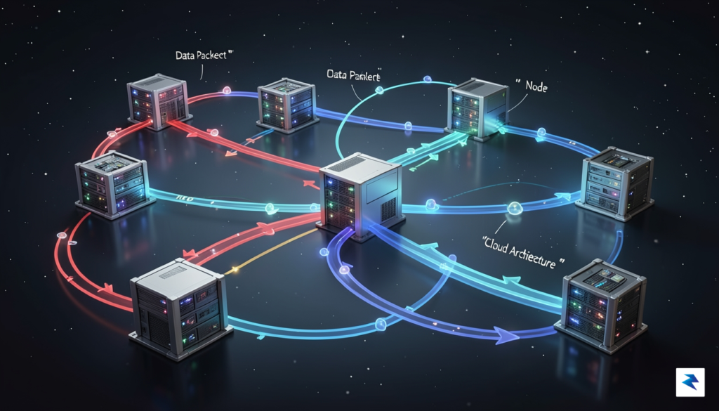A conceptual digital illustration showing a decentralized network of interconnected&hellip;