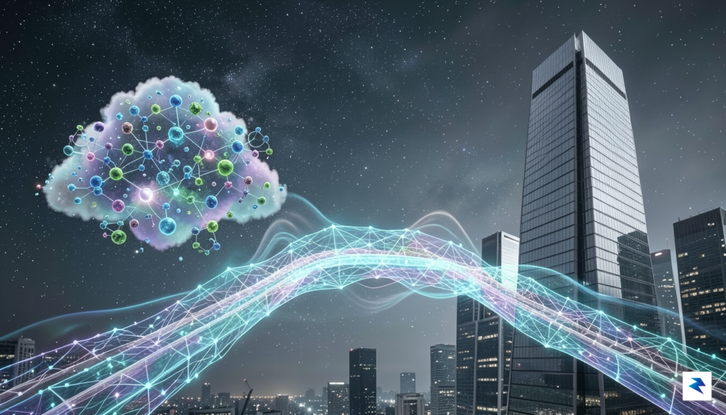A conceptual digital illustration showing a glowing, multi-layered data architecture…