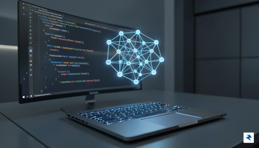 A sleek, futuristic digital workspace showing lines of code glowing…