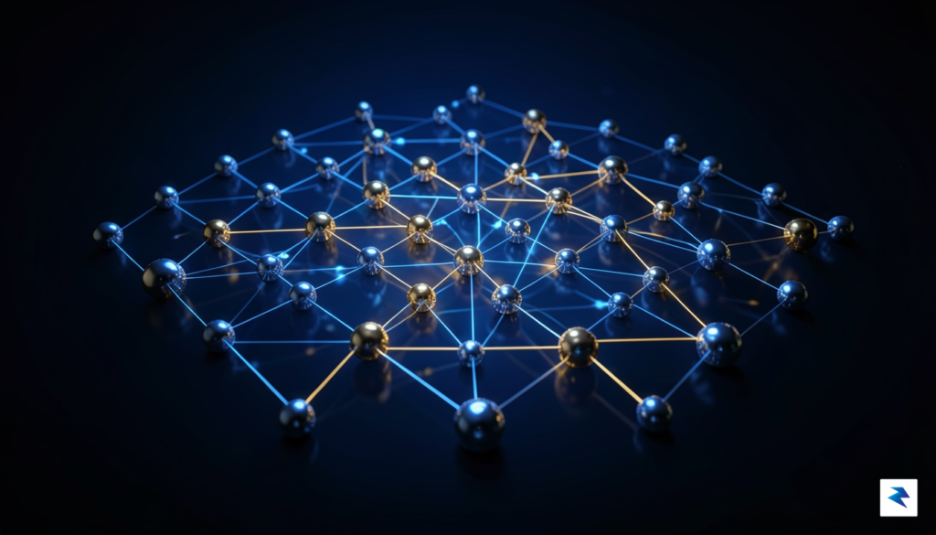 A sleek, futuristic data visualization showing interconnected neural network nodes…