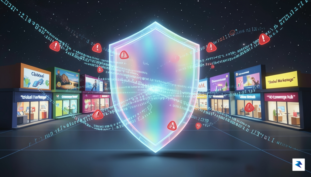 A conceptual digital illustration showing a high-tech, glowing shield protecting…