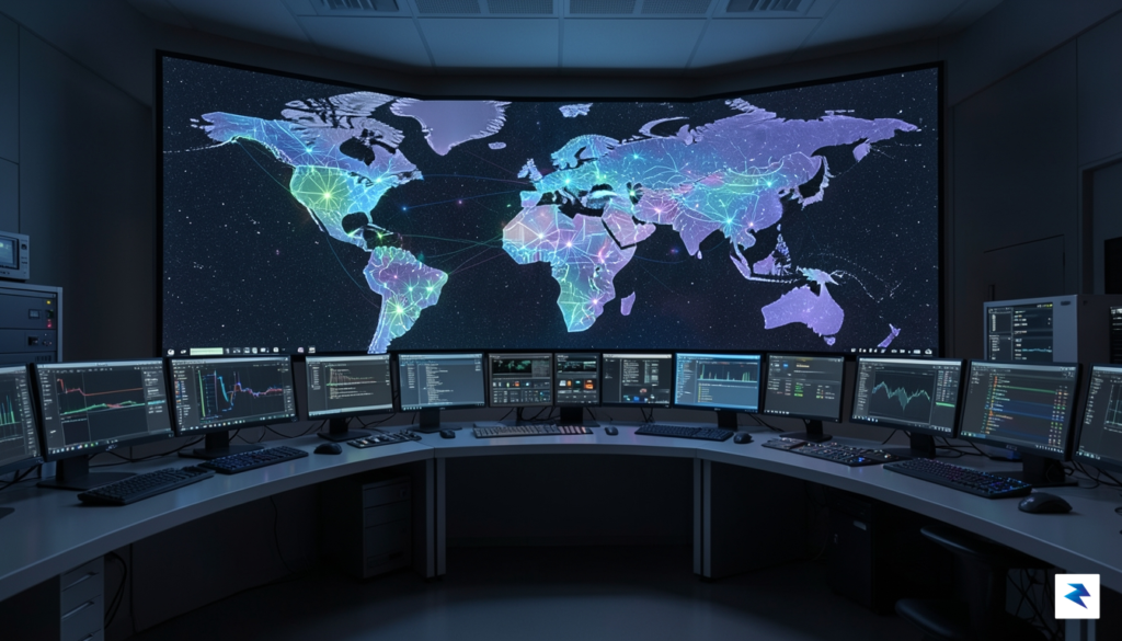 A modern, high-tech digital control room displaying a global map…