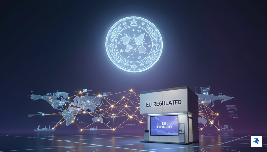 A conceptual digital illustration showing a glowing EU regulatory seal…