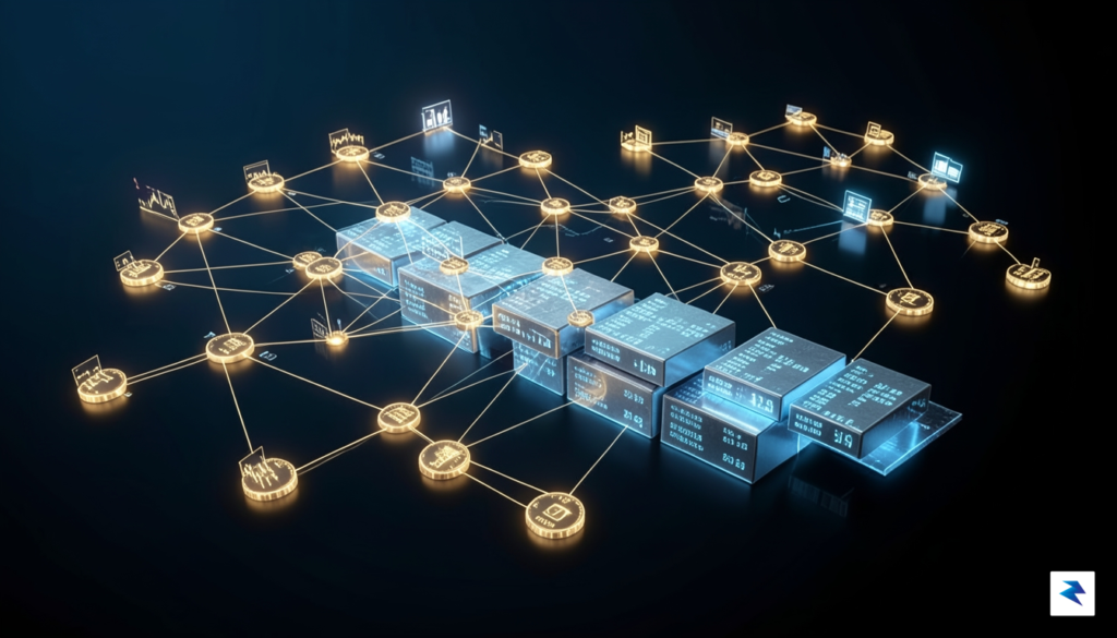 A conceptual digital visualization showing a glowing, interconnected network of&hellip;
